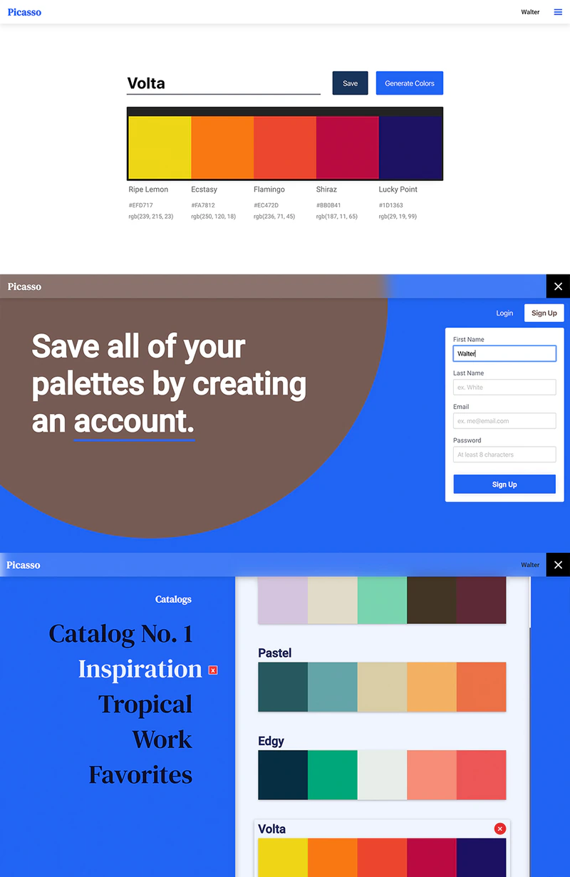 Picasso palette editor with five generated colors and a save action